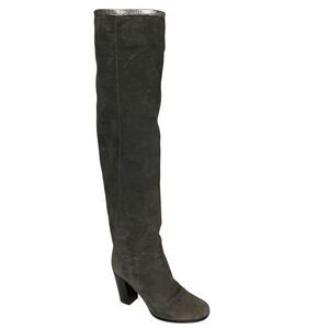 Chanel Interlocking C Grey Suede Fold Over Metallic Thigh Knee High Boots EU 38